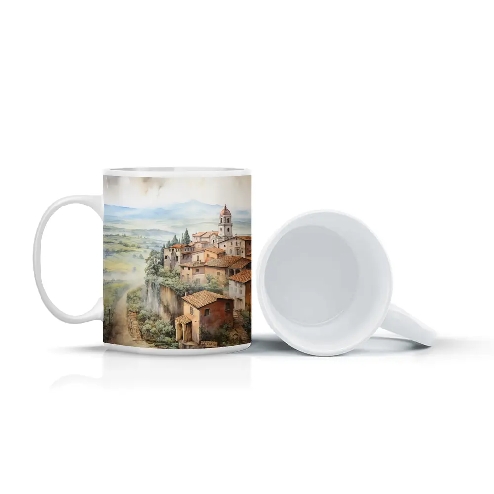 Tuscan Hilltop Village Watercolor Painting Art – Mugs