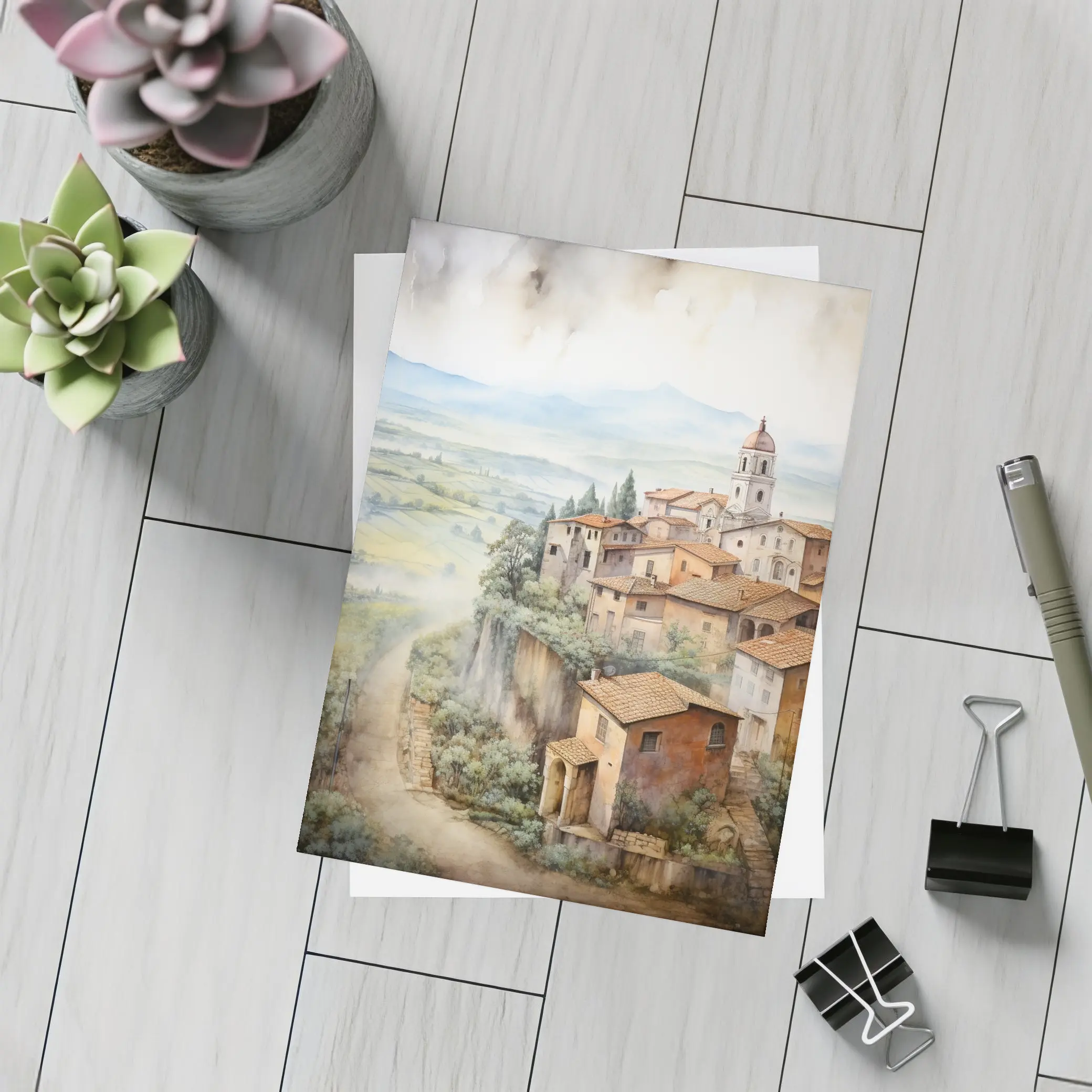 Tuscan Hilltop Village Watercolor Painting Art – Postcards