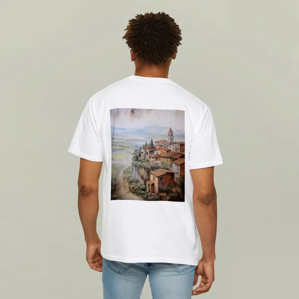 Tuscan Hilltop Village Watercolor Painting Art – T-Shirts