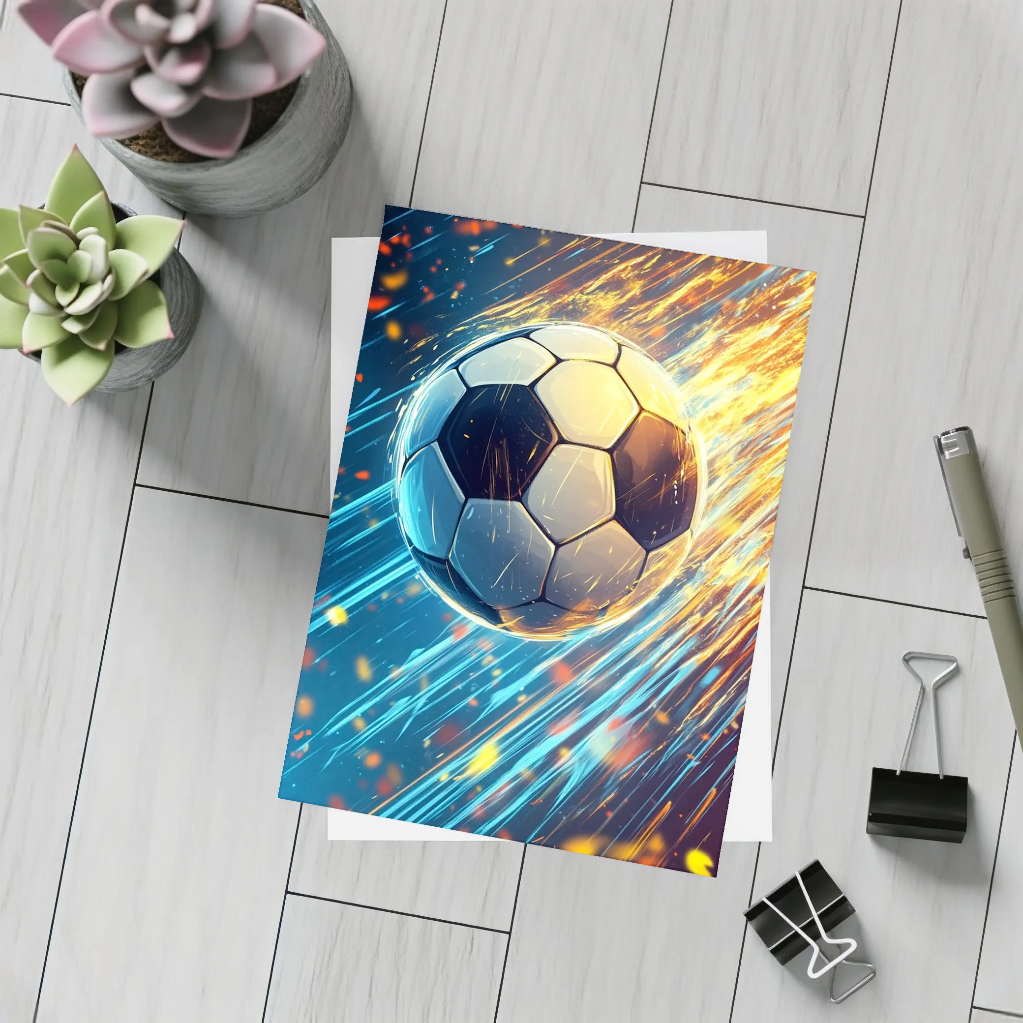 Soccer Ball Flying Through Fire and Light – Postcards