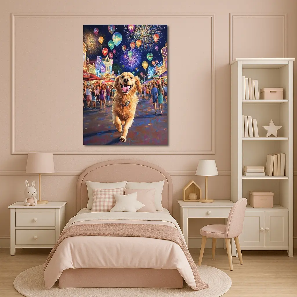 Happy Golden Retriever Running Carnival Fireworks Night – Wall Art