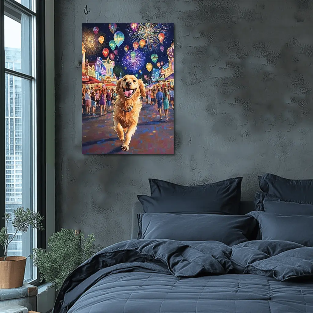 Happy Golden Retriever Running Carnival Fireworks Night – Wall Art