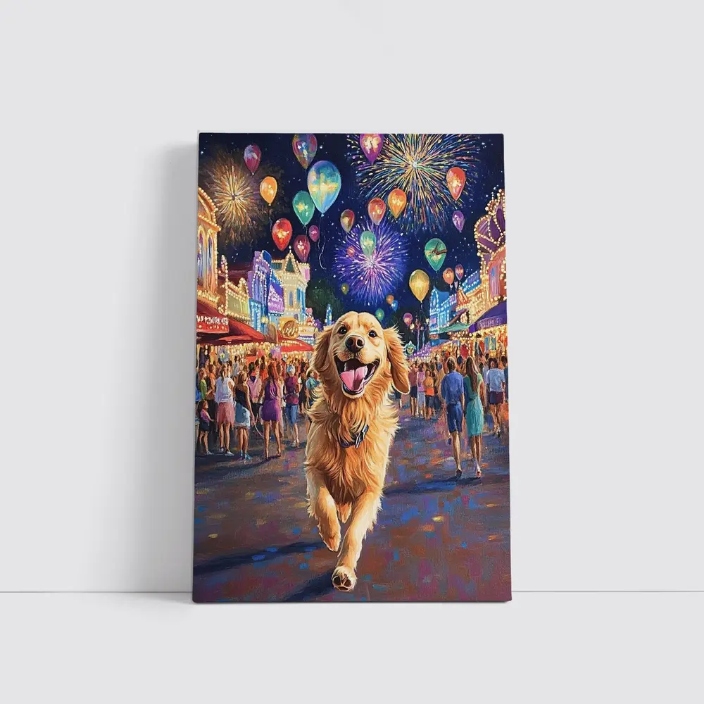 Happy Golden Retriever Running Carnival Fireworks Night – Wall Art