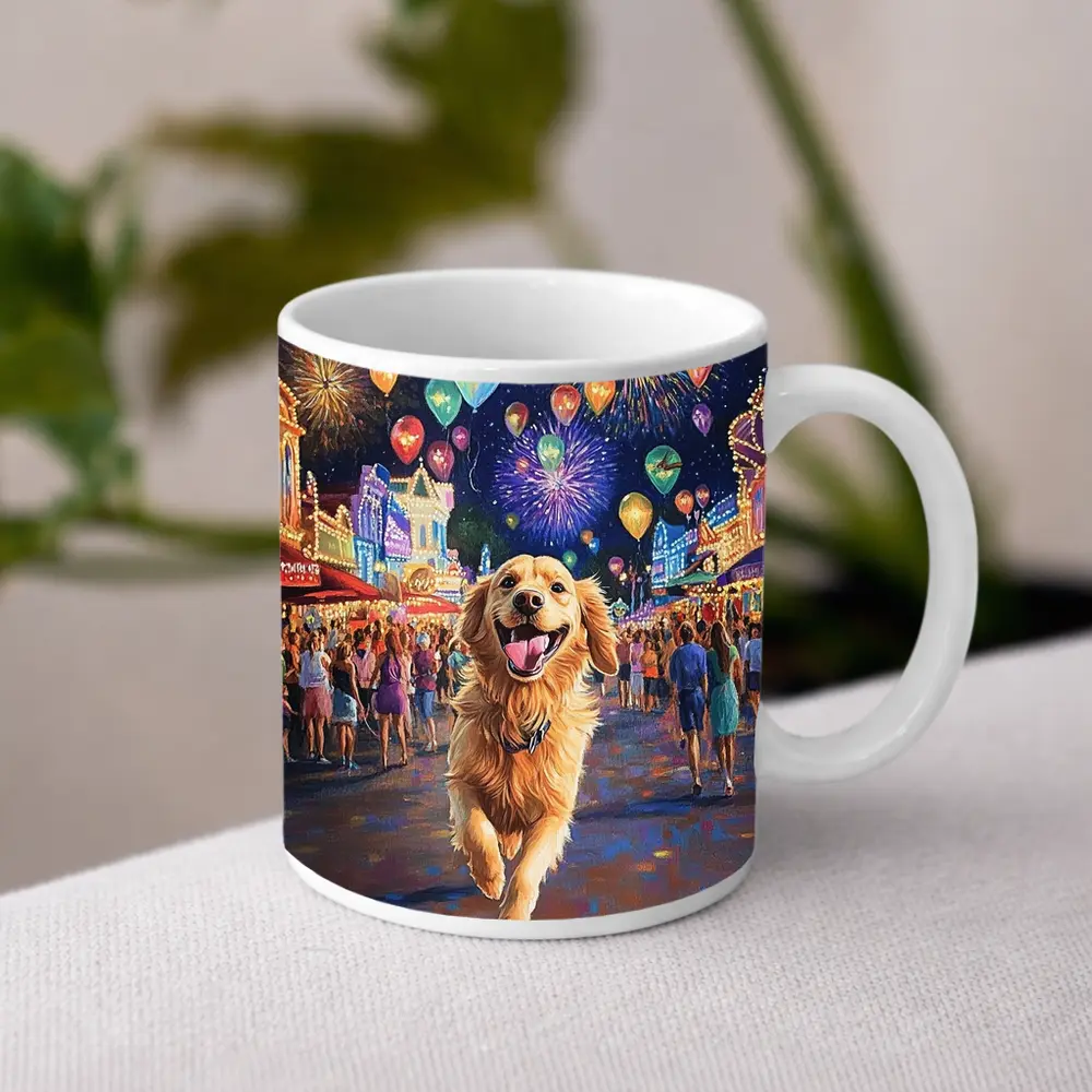 Happy Golden Retriever Running Carnival Fireworks Night – Mugs