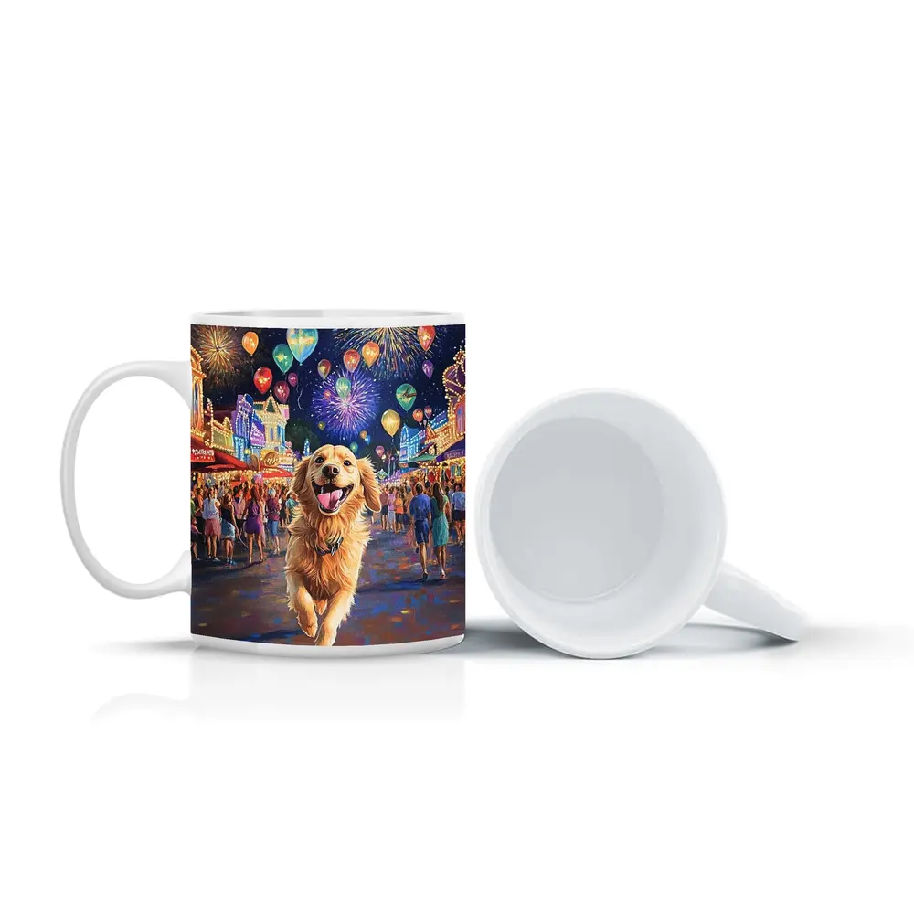 Happy Golden Retriever Running Carnival Fireworks Night – Mugs