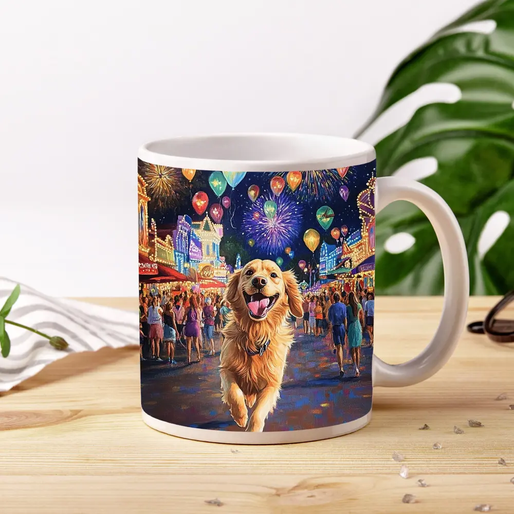 Happy Golden Retriever Running Carnival Fireworks Night – Mugs