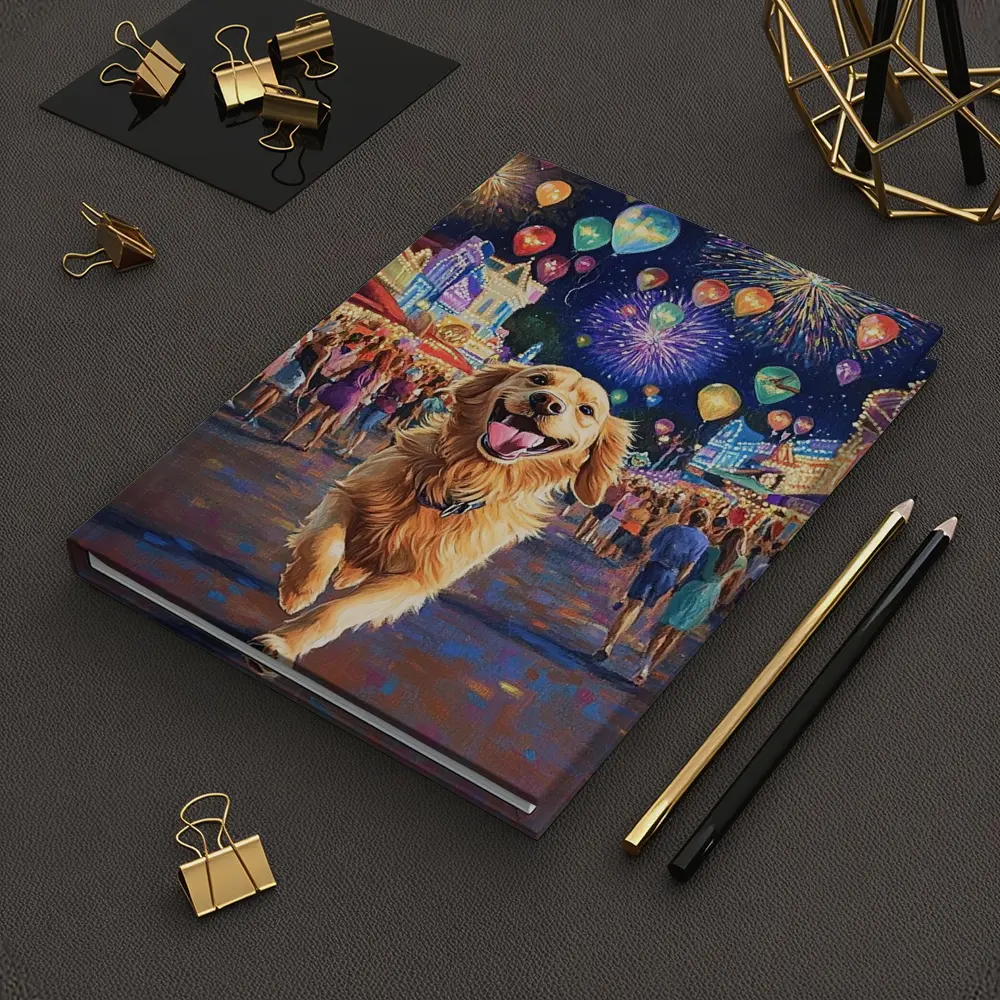 Happy Golden Retriever Running Carnival Fireworks Night – Notebooks