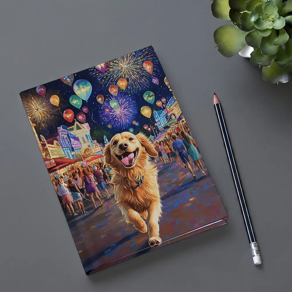 Happy Golden Retriever Running Carnival Fireworks Night – Notebooks