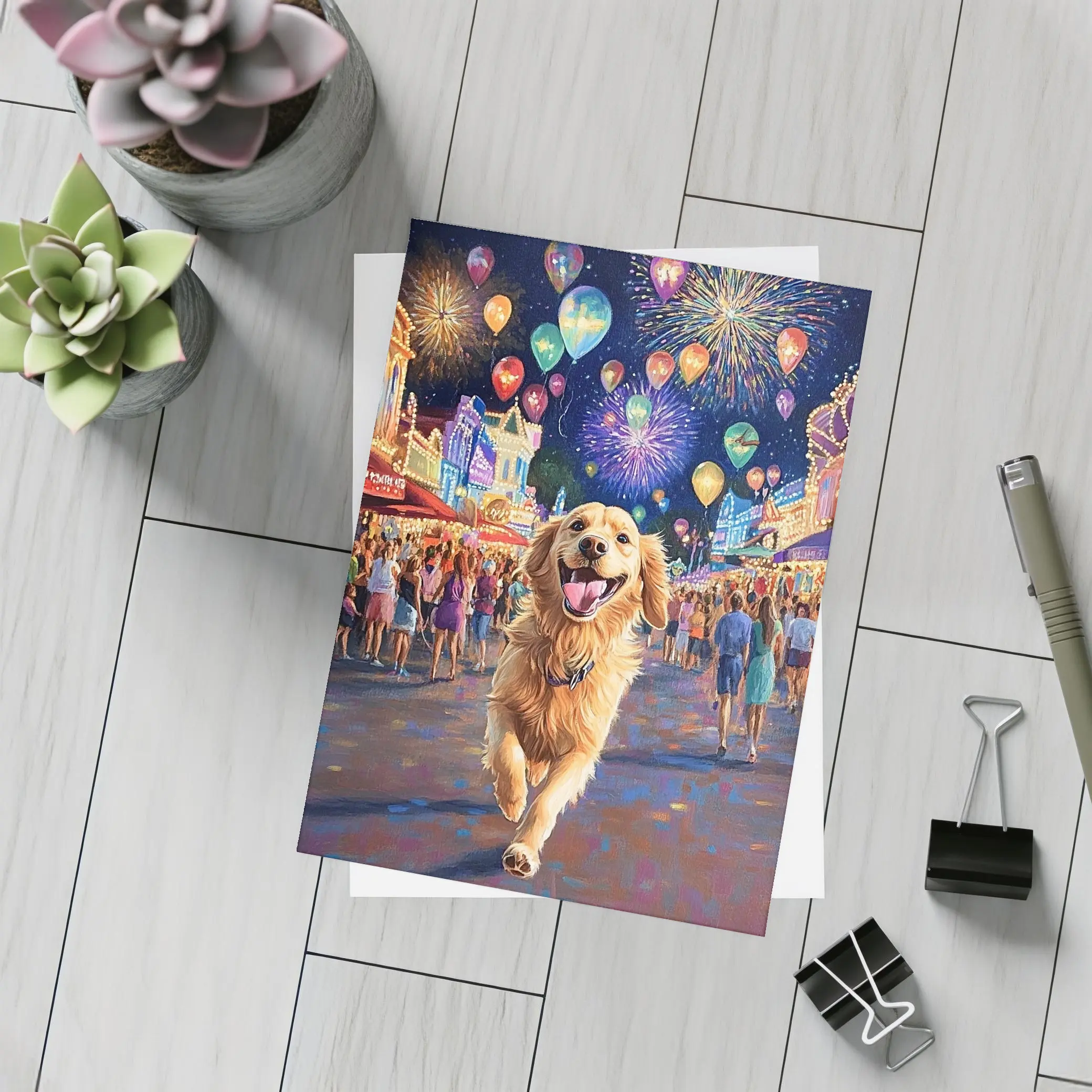 Happy Golden Retriever Running Carnival Fireworks Night – Postcards