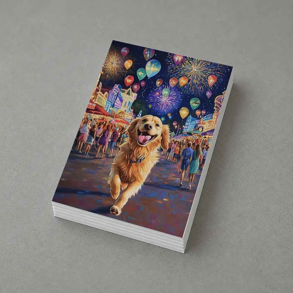 Happy Golden Retriever Running Carnival Fireworks Night – Postcards