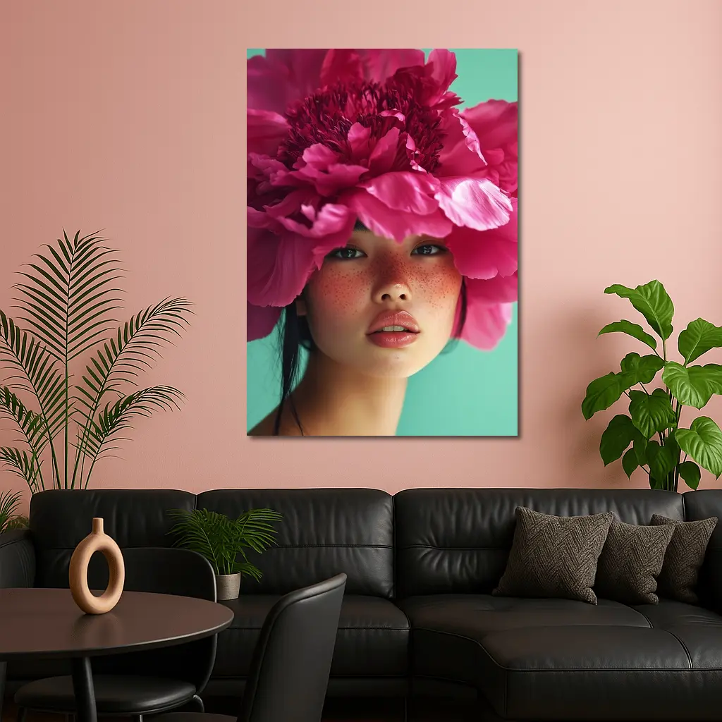 Woman Portrait Giant Pink Peony Flower – Wall Art