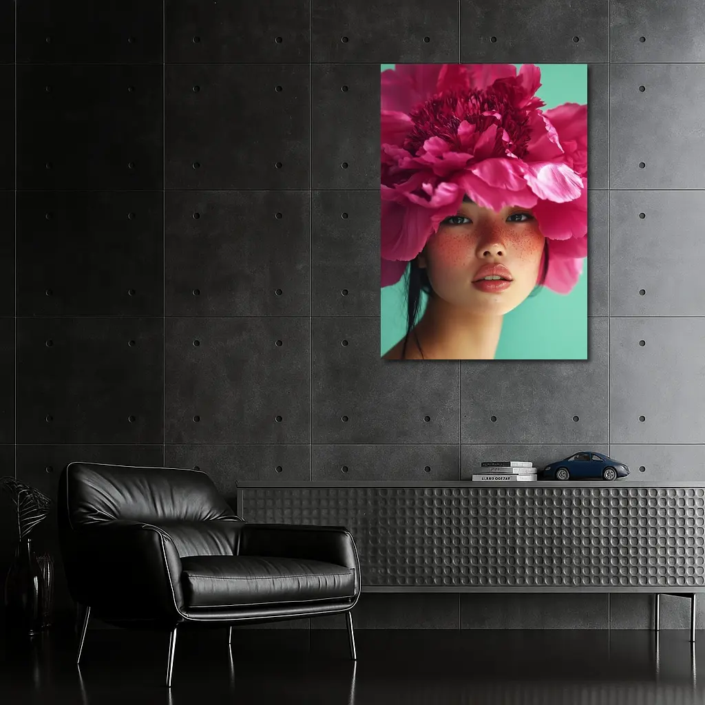 Woman Portrait Giant Pink Peony Flower – Wall Art