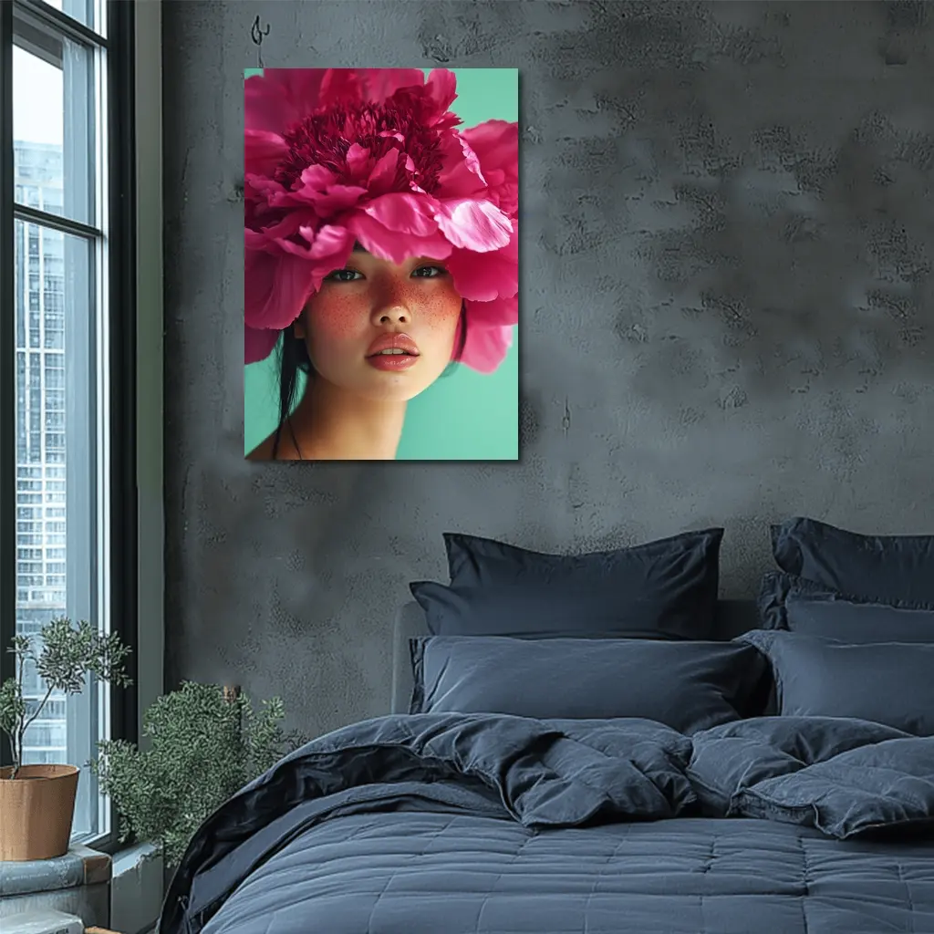 Woman Portrait Giant Pink Peony Flower – Wall Art