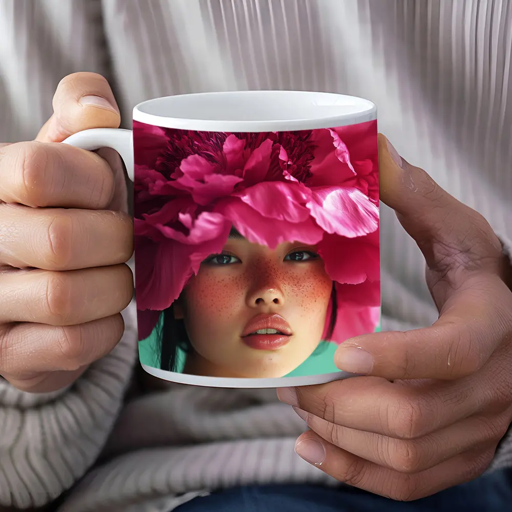 Woman Portrait Giant Pink Peony Flower – Mugs