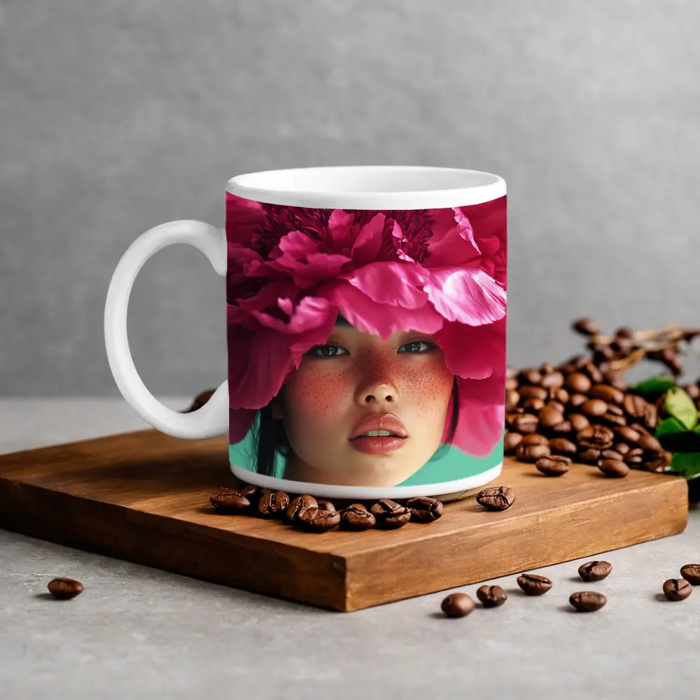 Woman Portrait Giant Pink Peony Flower – Mugs