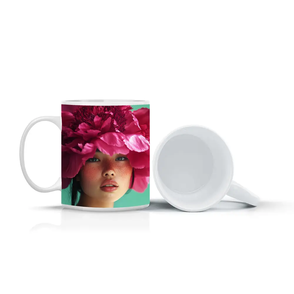 Woman Portrait Giant Pink Peony Flower – Mugs