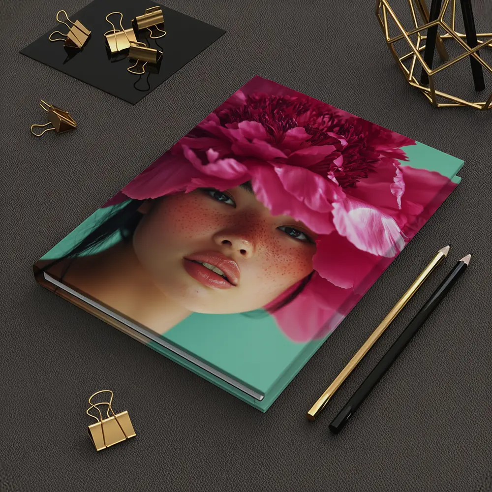 Woman Portrait Giant Pink Peony Flower – Notebooks