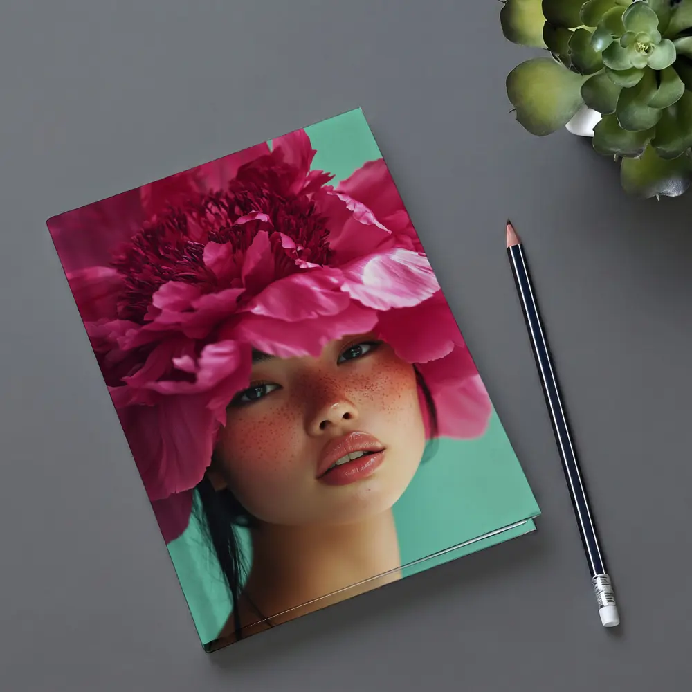 Woman Portrait Giant Pink Peony Flower – Notebooks