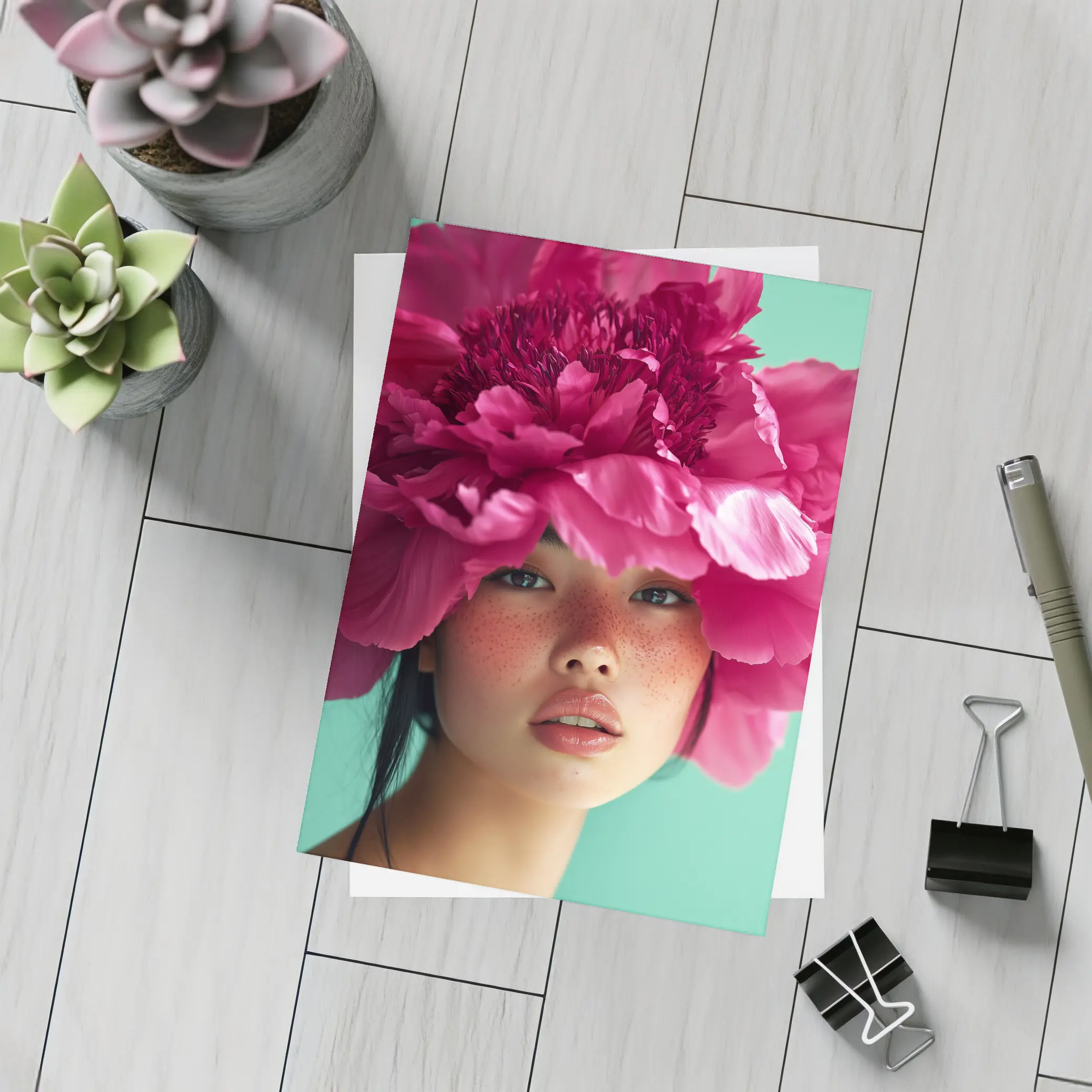 Woman Portrait Giant Pink Peony Flower – Postcards