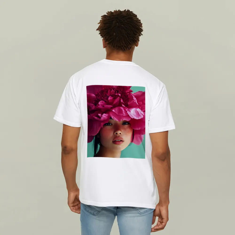 Woman Portrait Giant Pink Peony Flower – T-Shirts