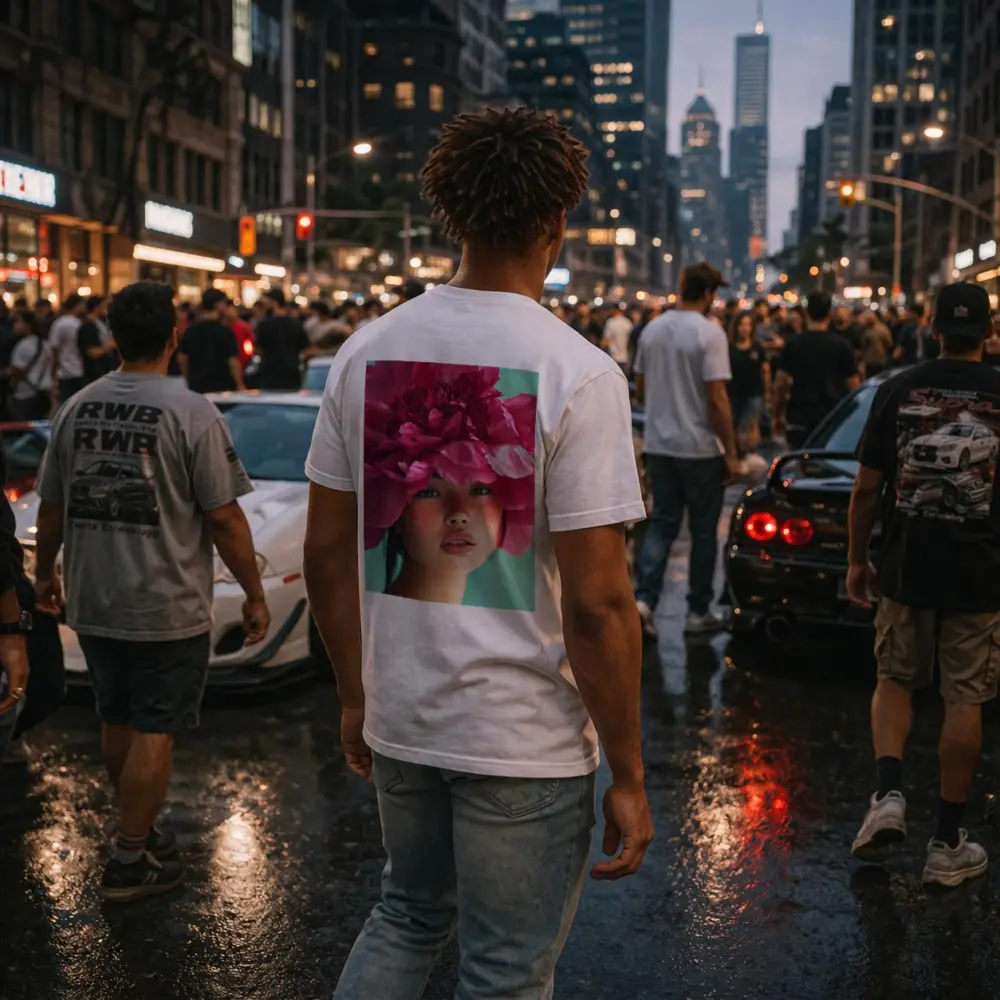 Woman Portrait Giant Pink Peony Flower – T-Shirts