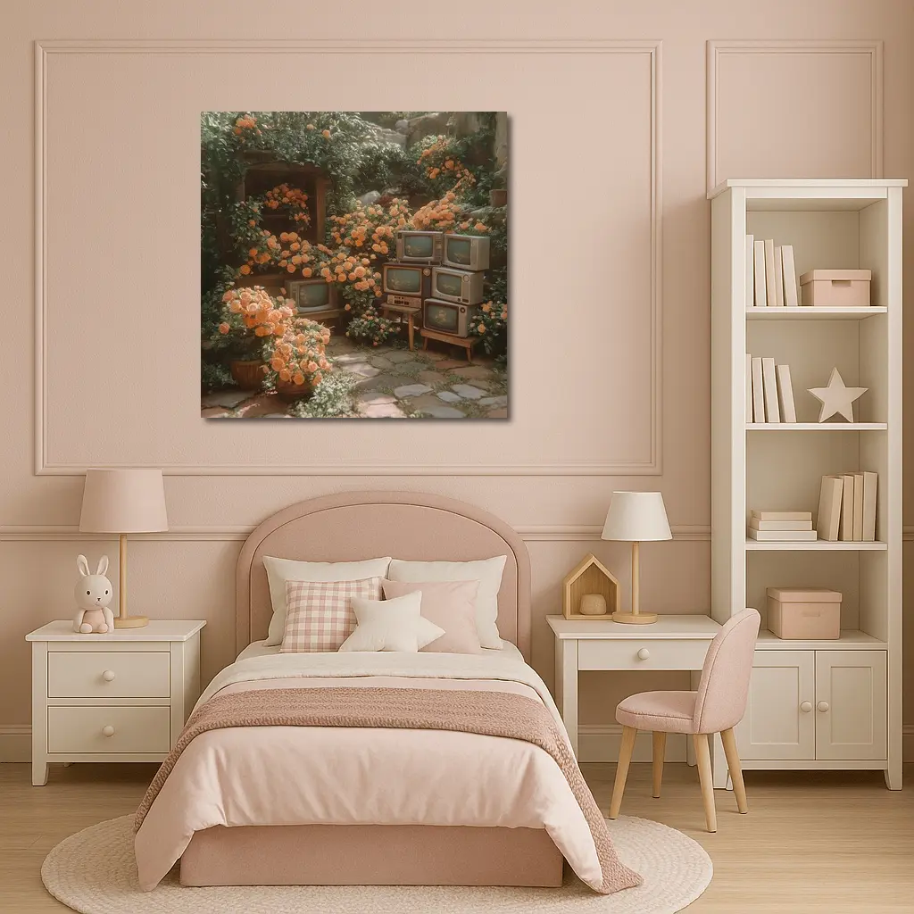 Vintage Televisions Surrounded by Orange Roses Garden – Wall Art