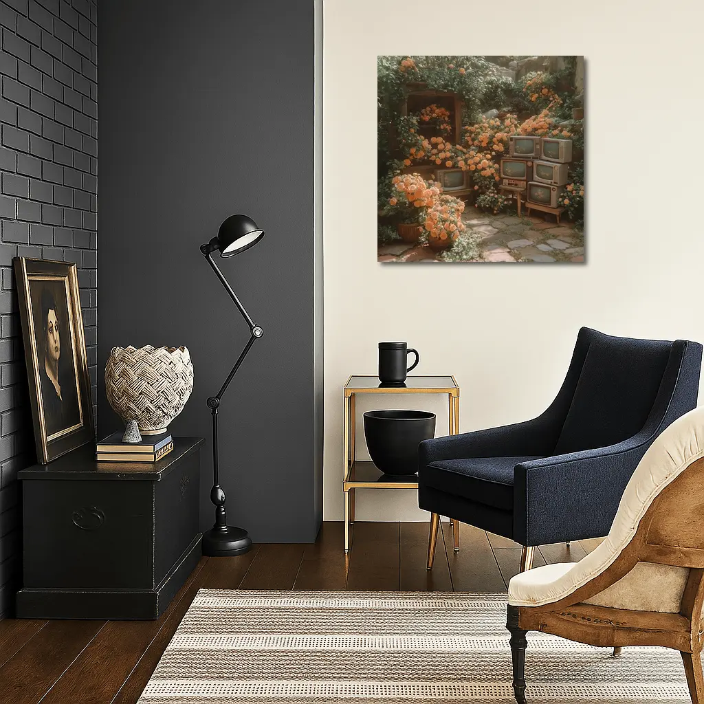 Vintage Televisions Surrounded by Orange Roses Garden – Wall Art