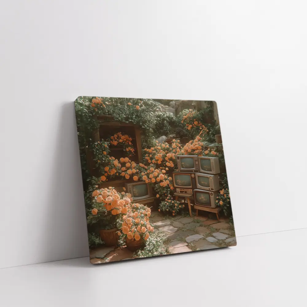 Vintage Televisions Surrounded by Orange Roses Garden – Wall Art