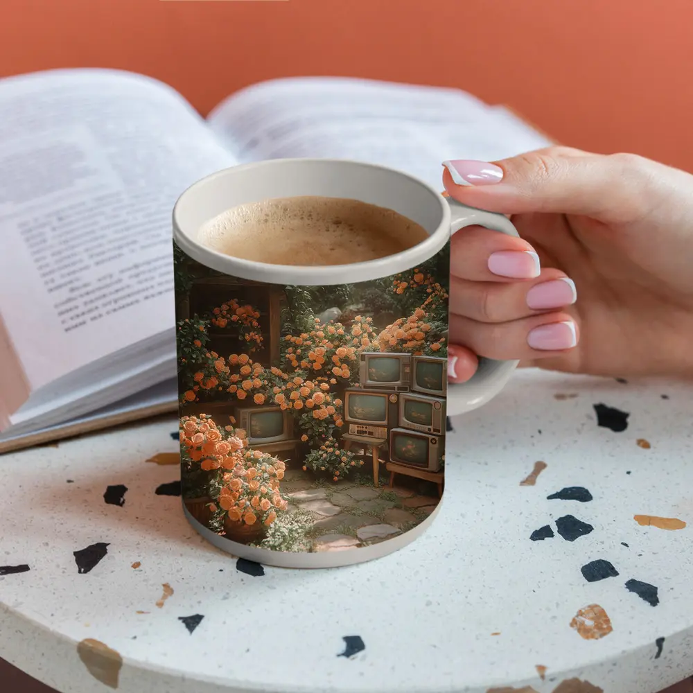 Vintage Televisions Surrounded by Orange Roses Garden – Mugs