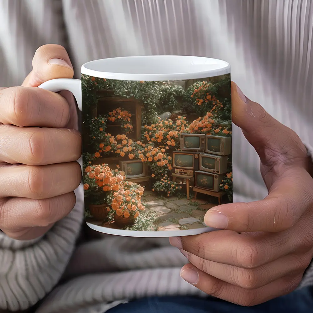 Vintage Televisions Surrounded by Orange Roses Garden – Mugs