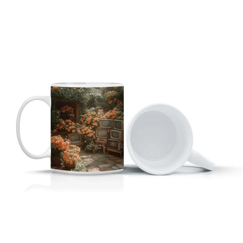 Vintage Televisions Surrounded by Orange Roses Garden – Mugs