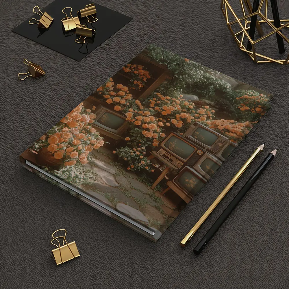 Vintage Televisions Surrounded by Orange Roses Garden – Notebooks