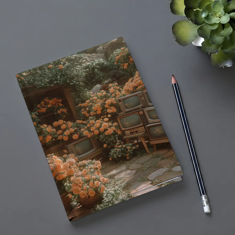 Vintage Televisions Surrounded by Orange Roses Garden – Notebooks