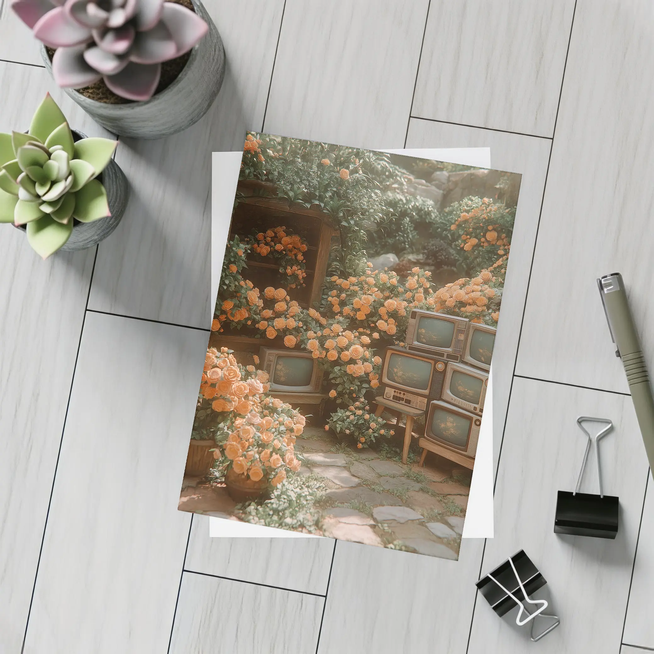 Vintage Televisions Surrounded by Orange Roses Garden – Postcards