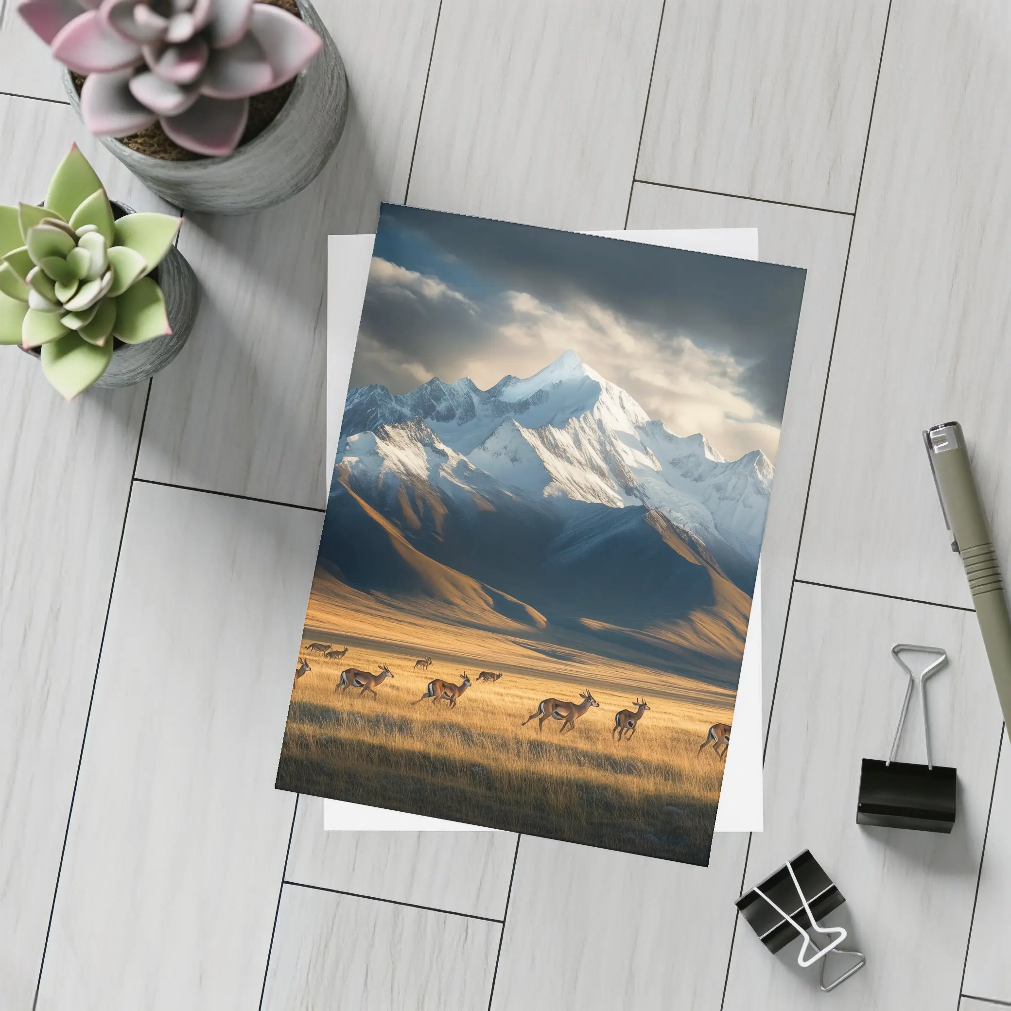 Antelope Herd Running Across Mountain Grasslands – Postcards