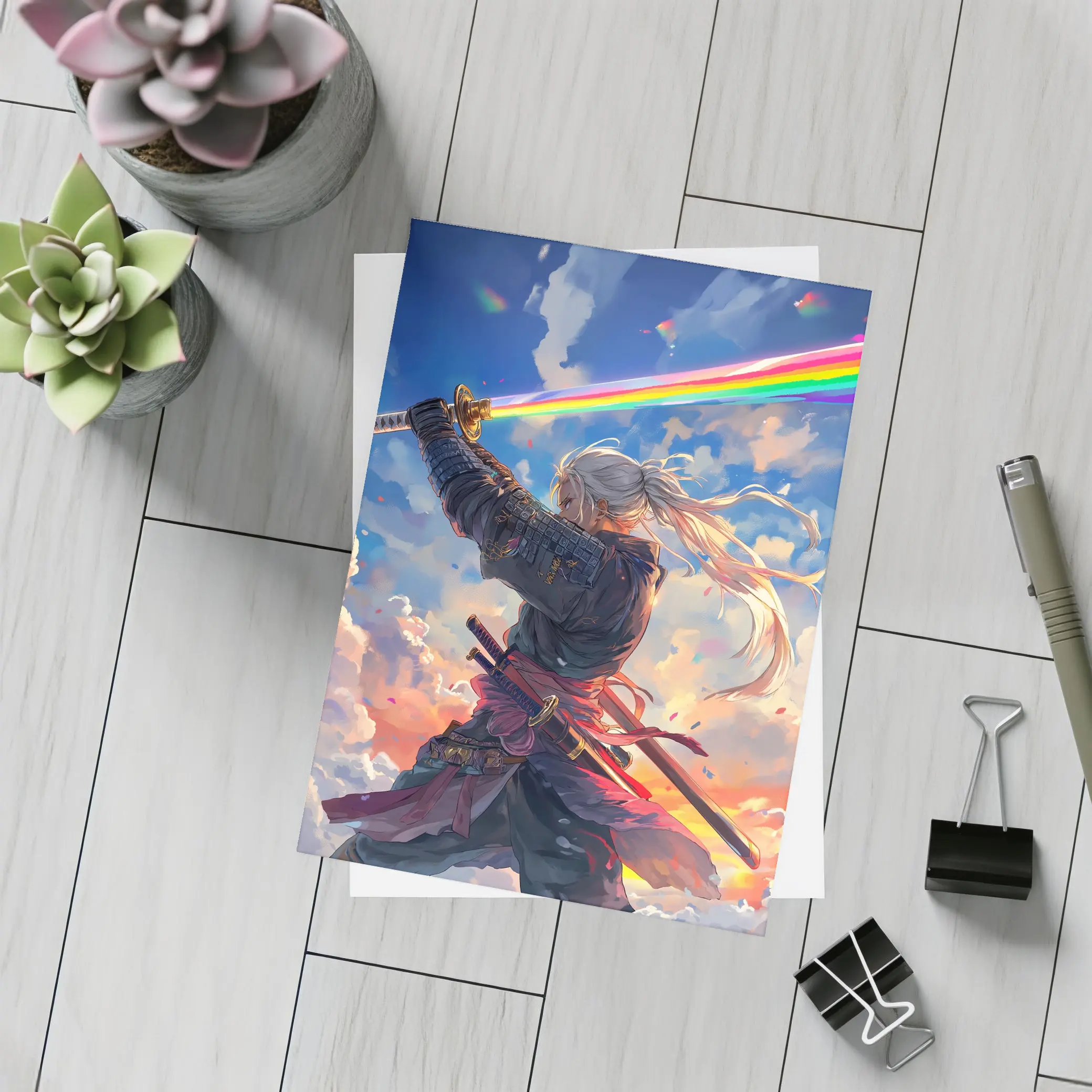 Anime Samurai Warrior Rainbow Sky Art – Postcards