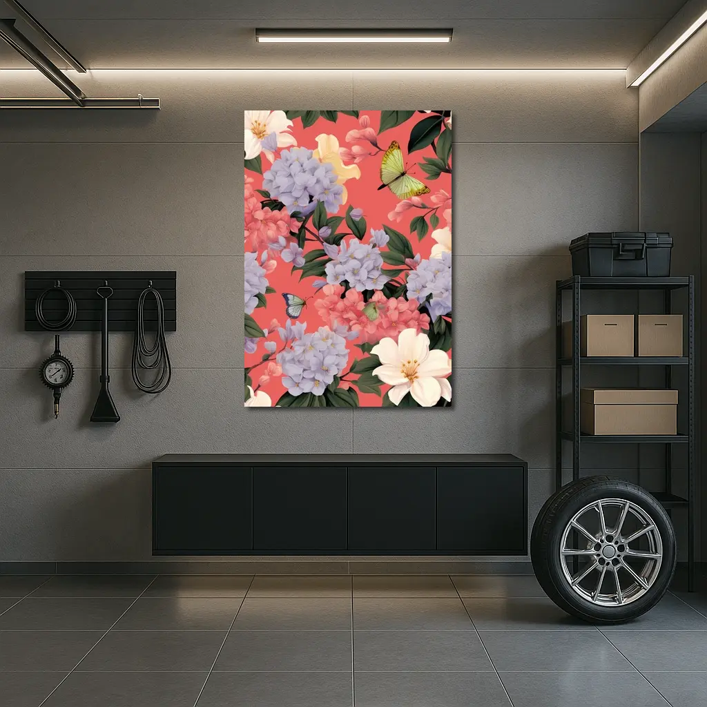 Pink Hydrangeas Butterflies Floral Pattern Coral Background – Wall Art