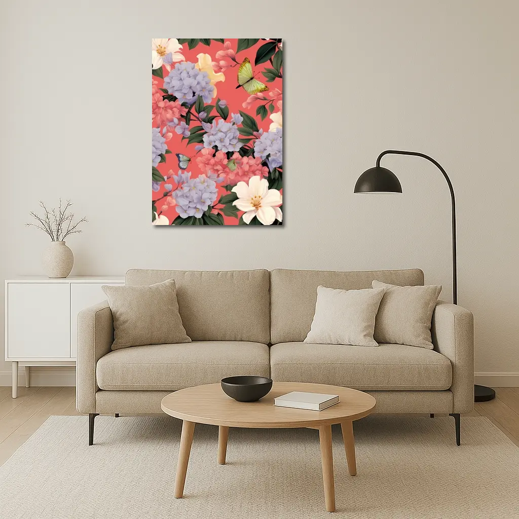 Pink Hydrangeas Butterflies Floral Pattern Coral Background – Wall Art