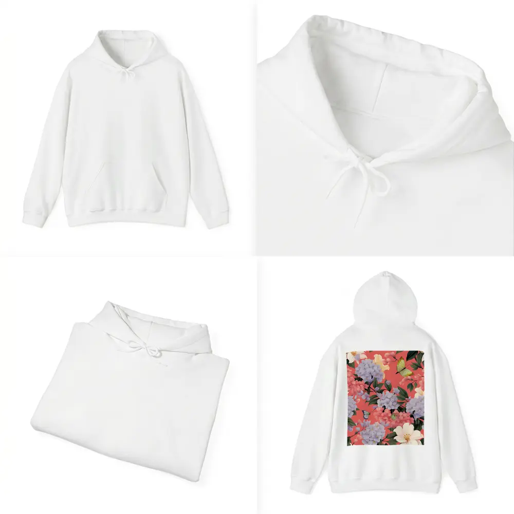 Pink Hydrangeas Butterflies Floral Pattern Coral Background – Hoodies