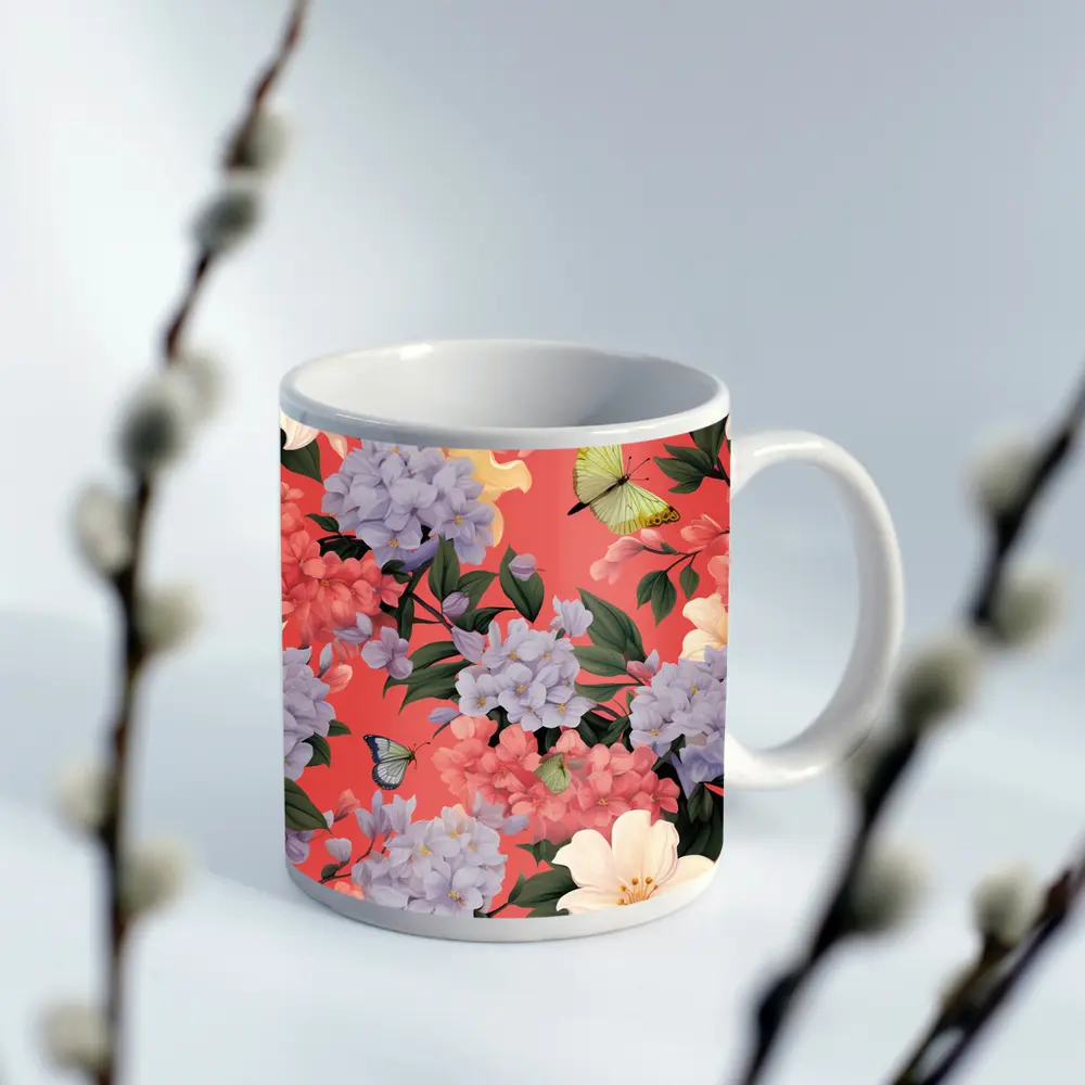 Pink Hydrangeas Butterflies Floral Pattern Coral Background – Mugs