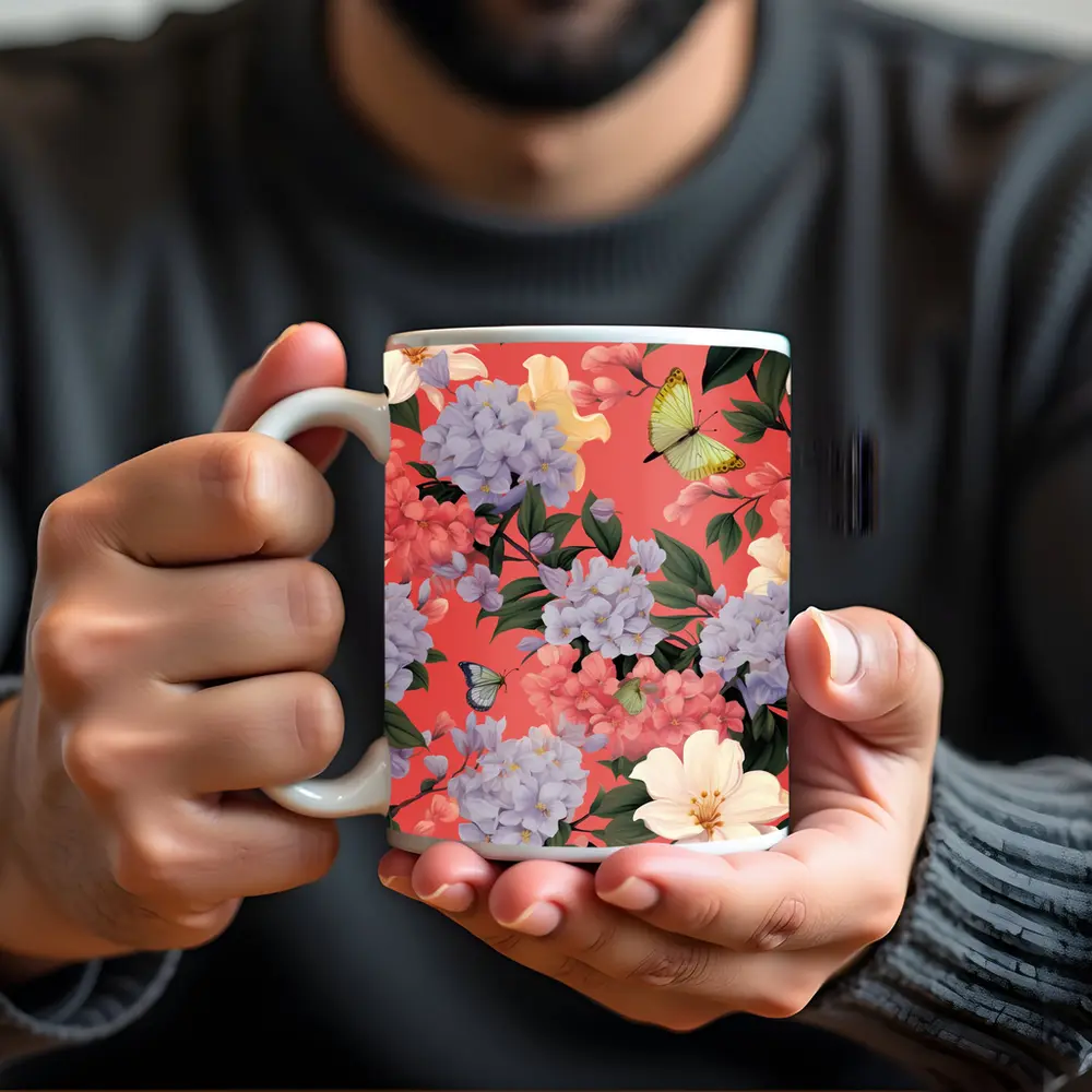 Pink Hydrangeas Butterflies Floral Pattern Coral Background – Mugs