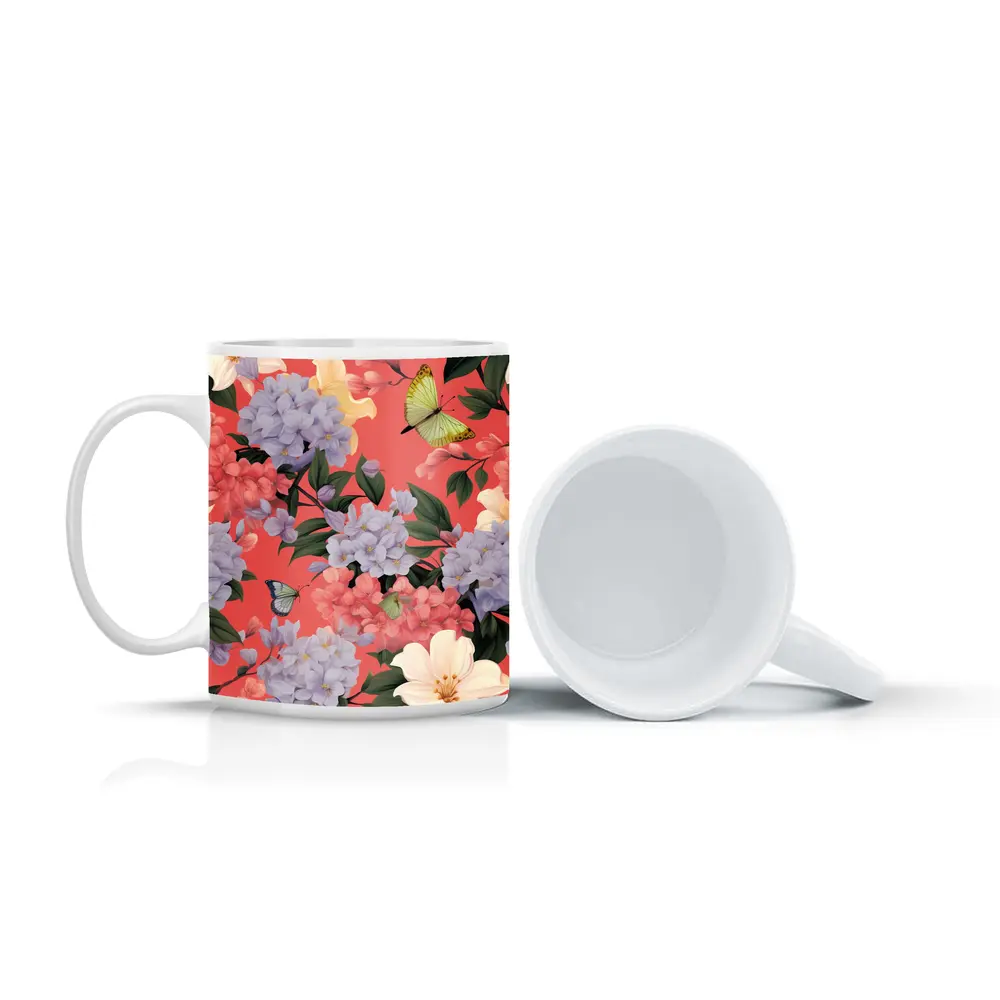 Pink Hydrangeas Butterflies Floral Pattern Coral Background – Mugs