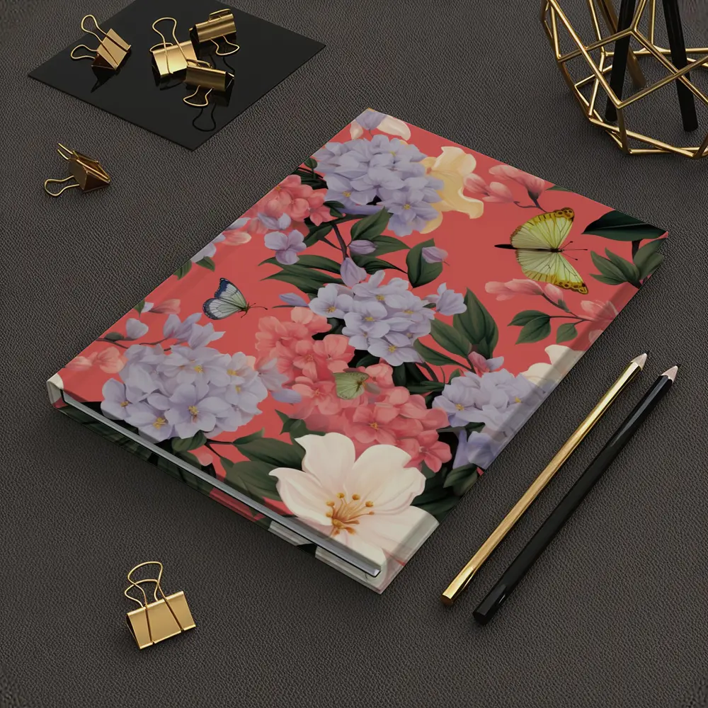 Pink Hydrangeas Butterflies Floral Pattern Coral Background – Notebooks