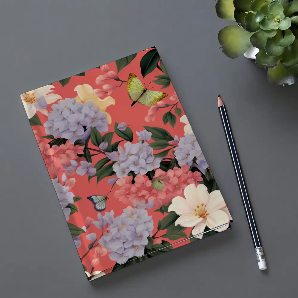 Pink Hydrangeas Butterflies Floral Pattern Coral Background – Notebooks