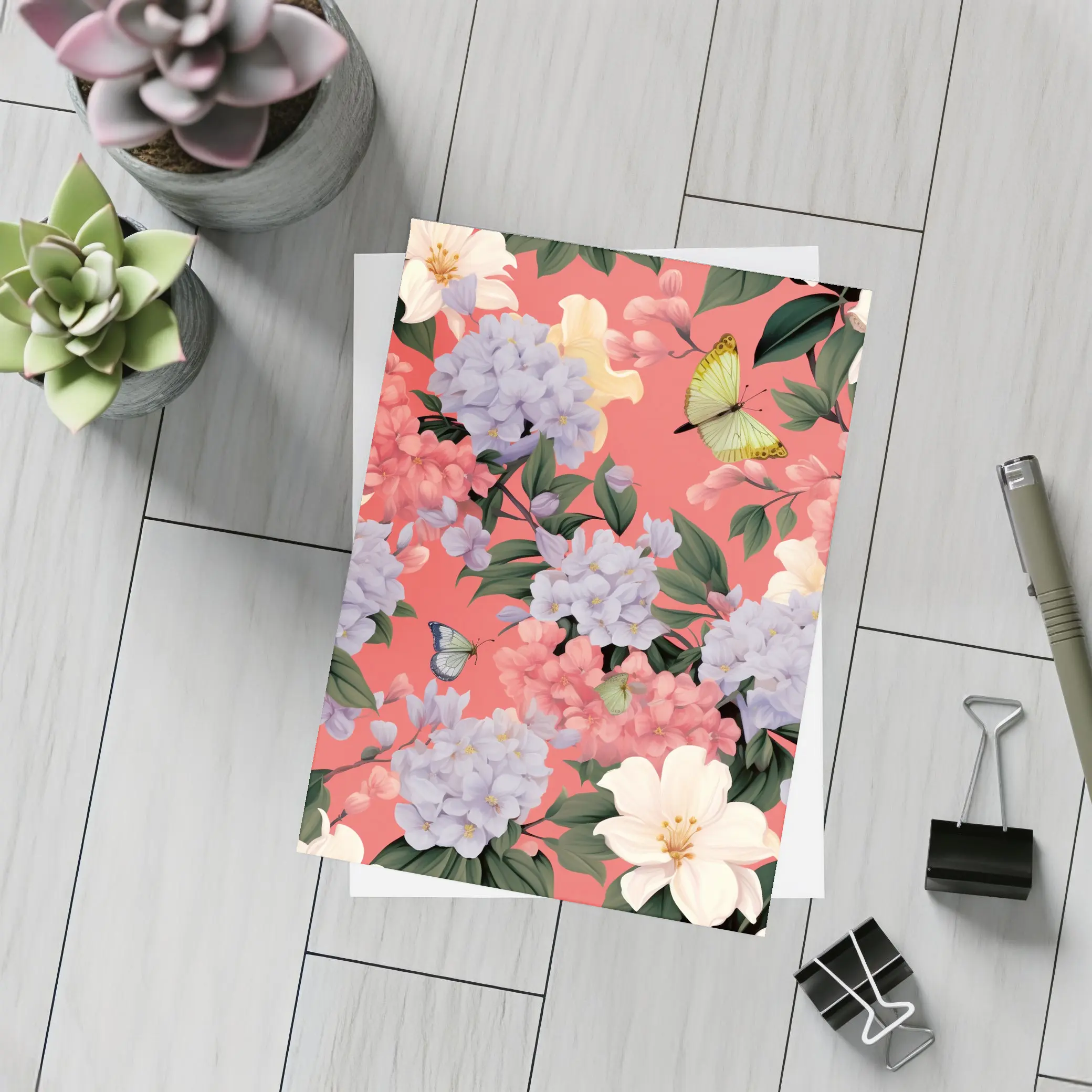 Pink Hydrangeas Butterflies Floral Pattern Coral Background – Postcards