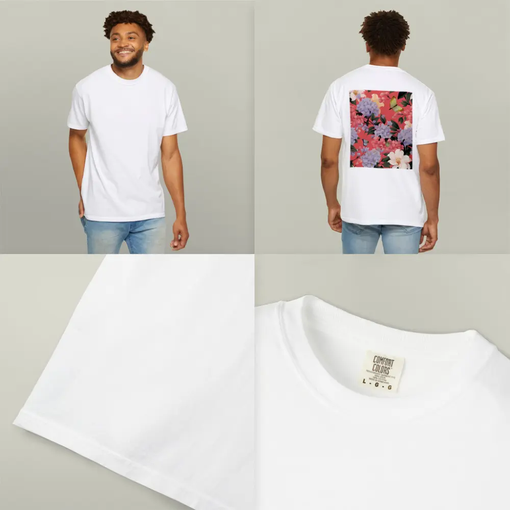 Pink Hydrangeas Butterflies Floral Pattern Coral Background – T-Shirts