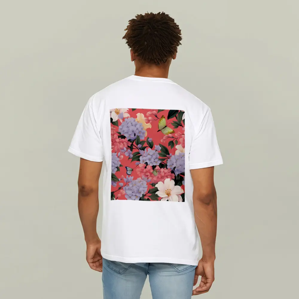 Pink Hydrangeas Butterflies Floral Pattern Coral Background – T-Shirts