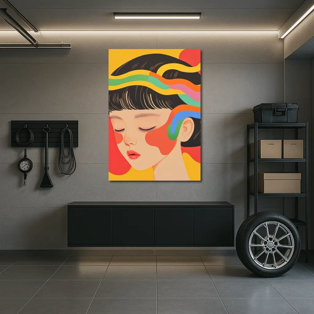 Japanese Woman Illustration Bold Colorful Waves – Wall Art