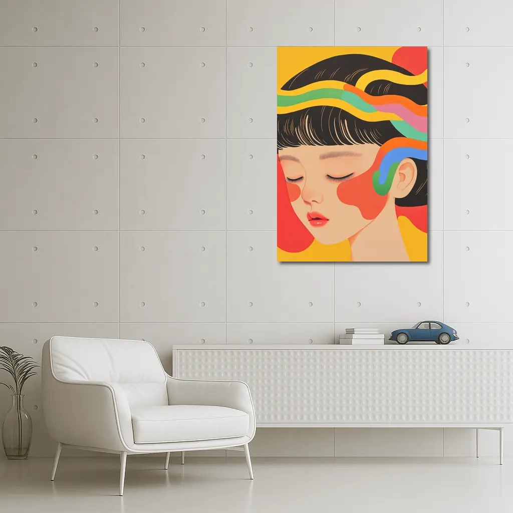 Japanese Woman Illustration Bold Colorful Waves – Wall Art