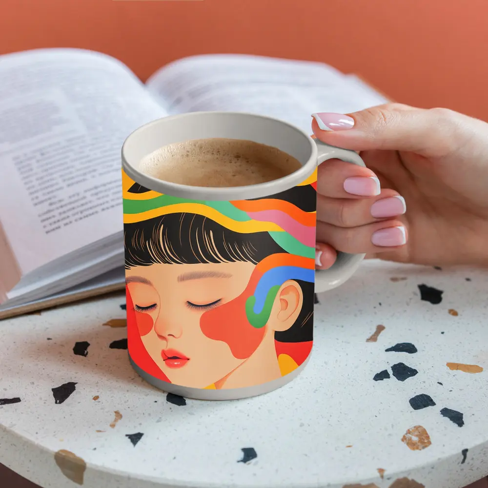 Japanese Woman Illustration Bold Colorful Waves – Mugs